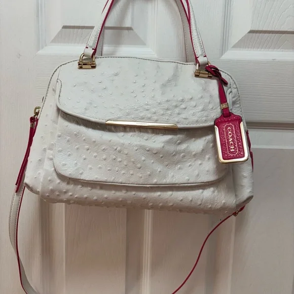 Coach A1482-30116 Madison Madeline Ostrich-Embossed White Leather Pink Trim BNOT - Picture 3 of 16